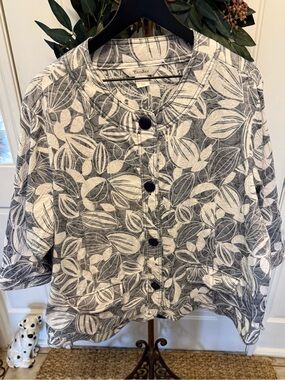 TanJay Large Floral Leaf Print Blue & White Lightweight Cotton Blazer Jacket 24W